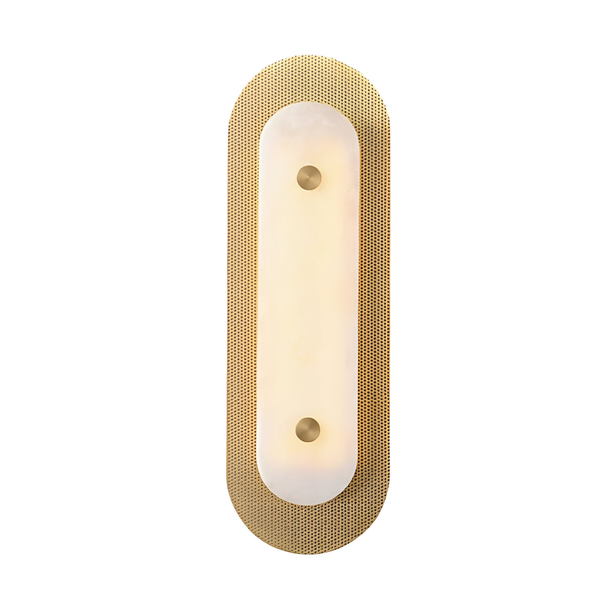 The Avelora LED Large Capsule Alabaster Wall Light features an oval shape, soft white frosted central panel, brass perforated outer frame, and two round brass accents, mounted vertically for a modern look.