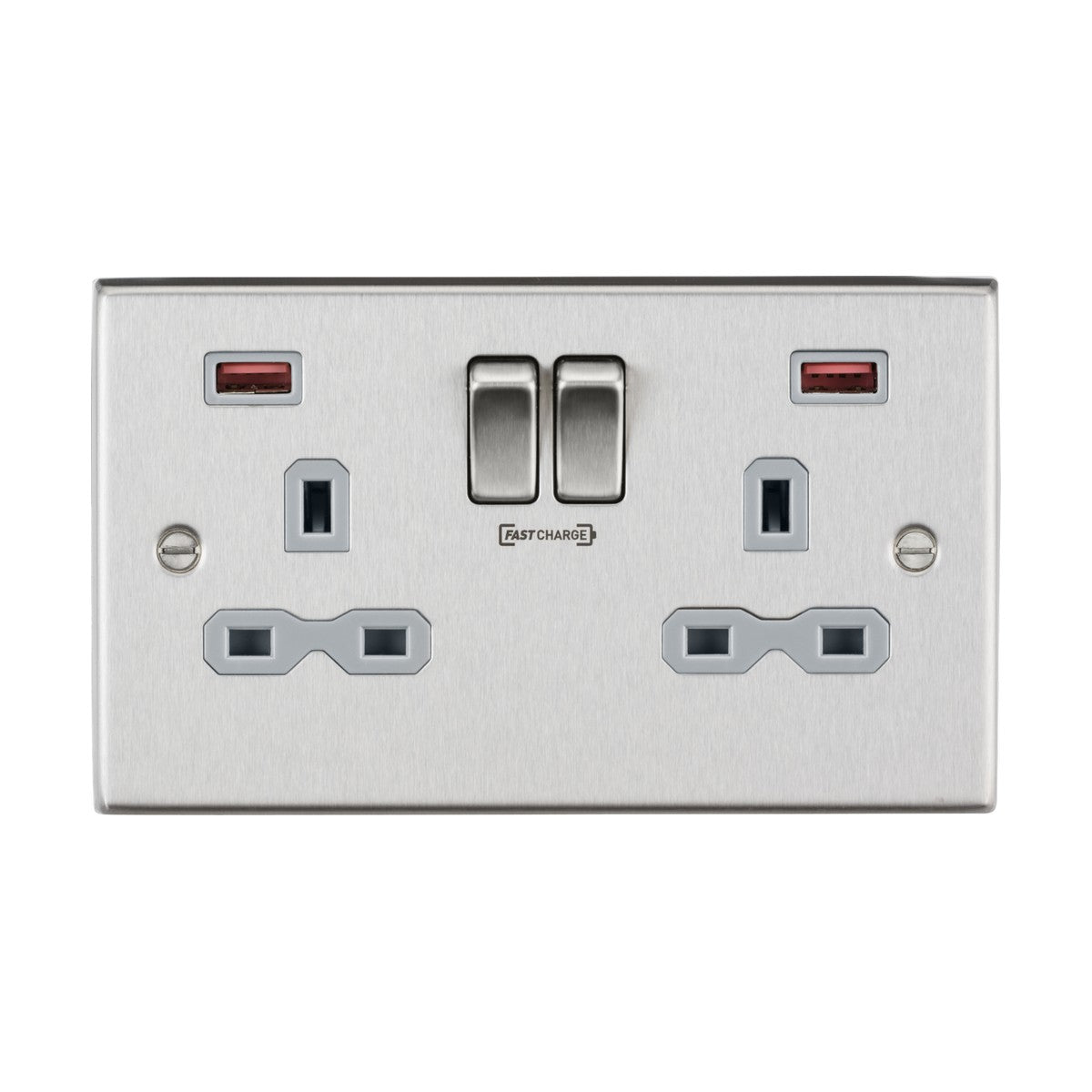 13A 2G DP Switched Socket with Dual USB A+A (18W FASTCHARGE) - Brushed Chrome with Grey Insert