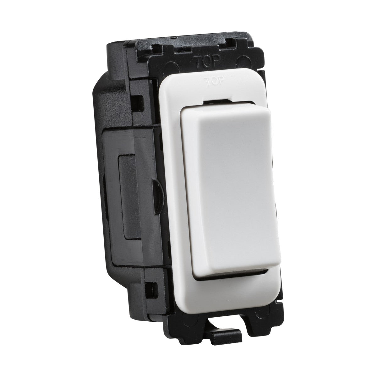 A close-up of a sleek, white rectangular 20AX 2-Way Retractive Switch Module (Centre Off) mounted on a black housing, viewed from an angle. The switch is in the off position and features "TOP" embossed on the top plate, ensuring perfect compatibility with the Knightsbridge Grid System for effortless integration.