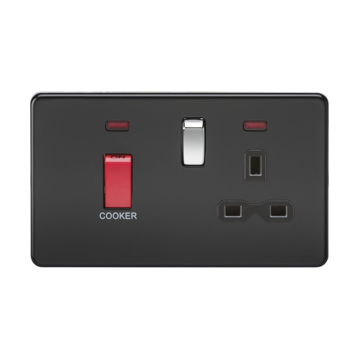 45A DP Switch & 13A Socket with Neons - Matt Black with Chrome Rocker