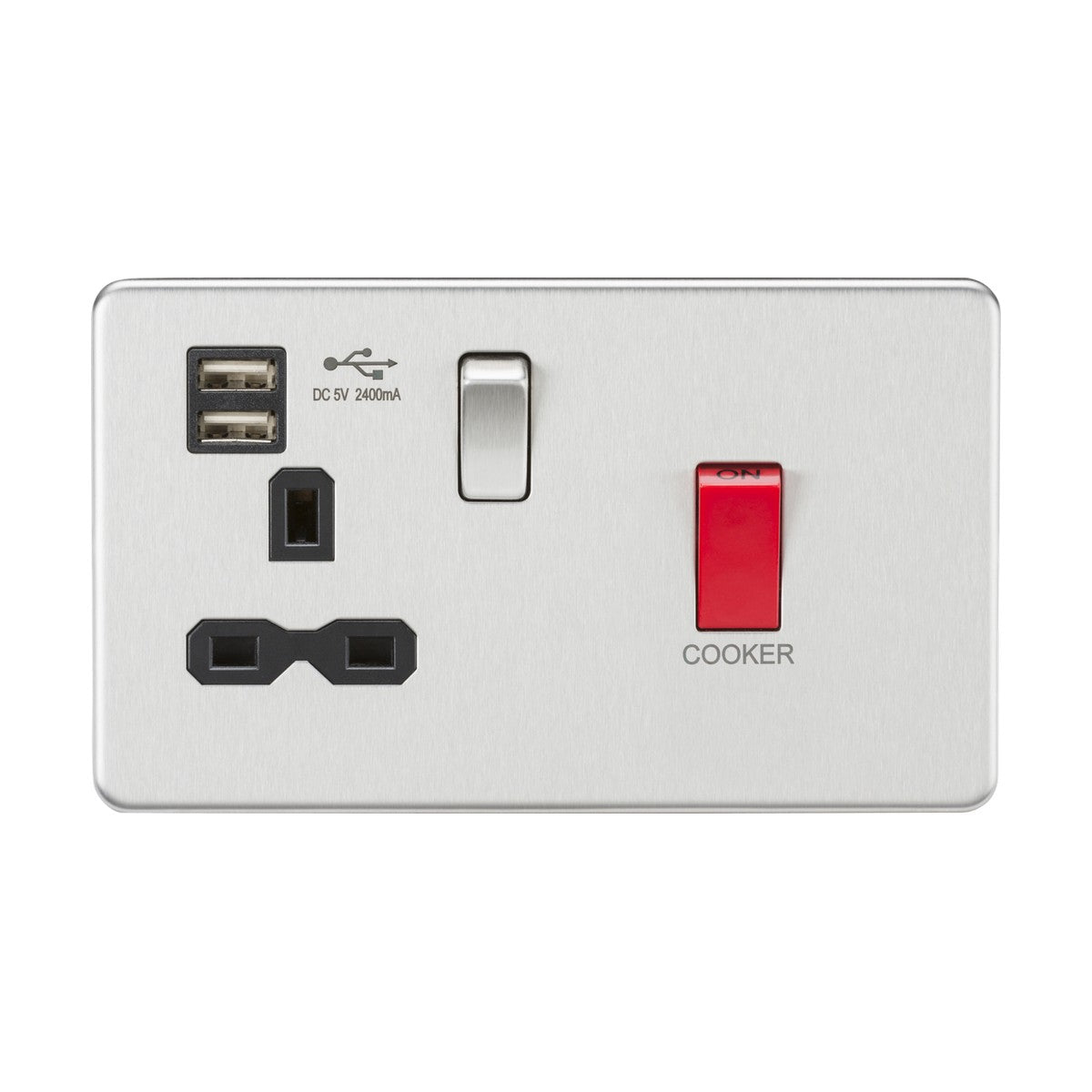 This 45A DP switch and 13A socket with dual USB ports in brushed chrome with a black insert features a sleek screwless design, includes a standard three-pin plug socket, and is equipped with a red COOKER switch—perfect for powering kitchen appliances and easily charging devices.