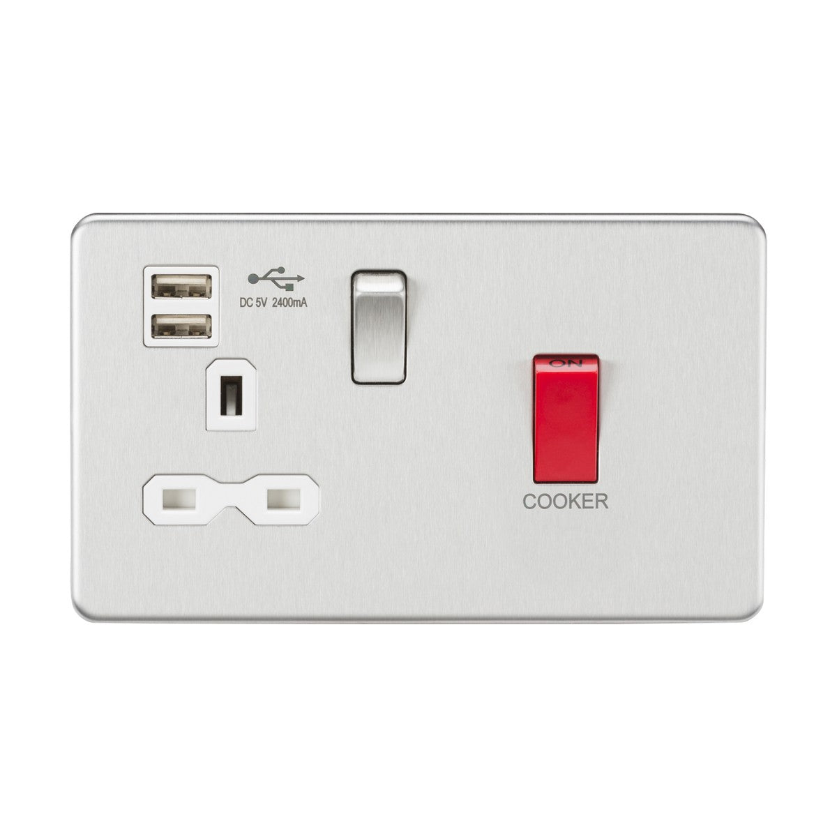 The brushed chrome wall socket with a white insert boasts a screwless design and includes dual USB chargers, a 13A switched UK plug outlet, and a 45A DP switch labeled Cooker.