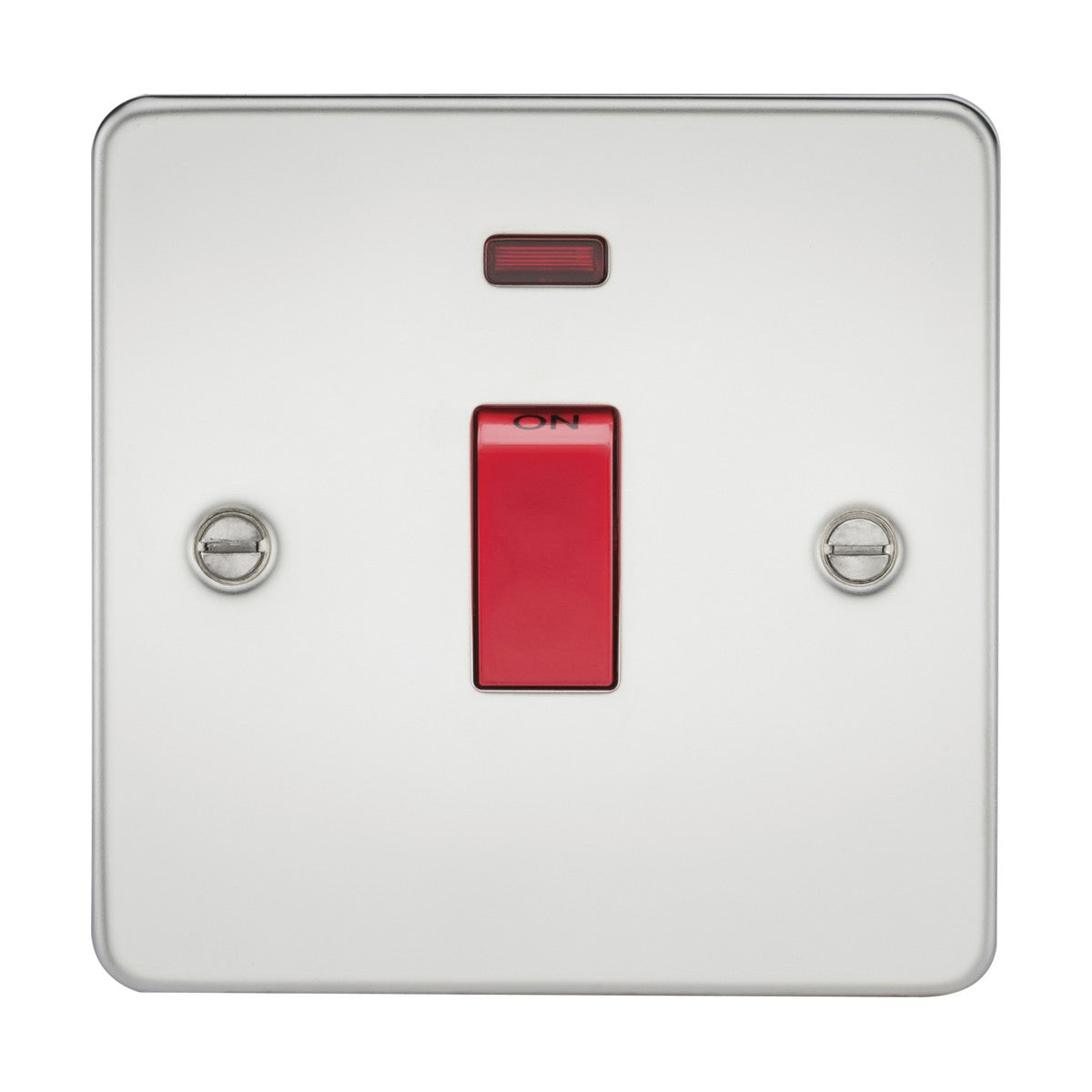 A polished chrome electrical switchplate featuring the 45A DP Switch Neon (1 Gang Size) has a red rocker switch with an ON label in the center. It is enhanced by a small red indicator light above the switch and secured by two silver screws on each side.