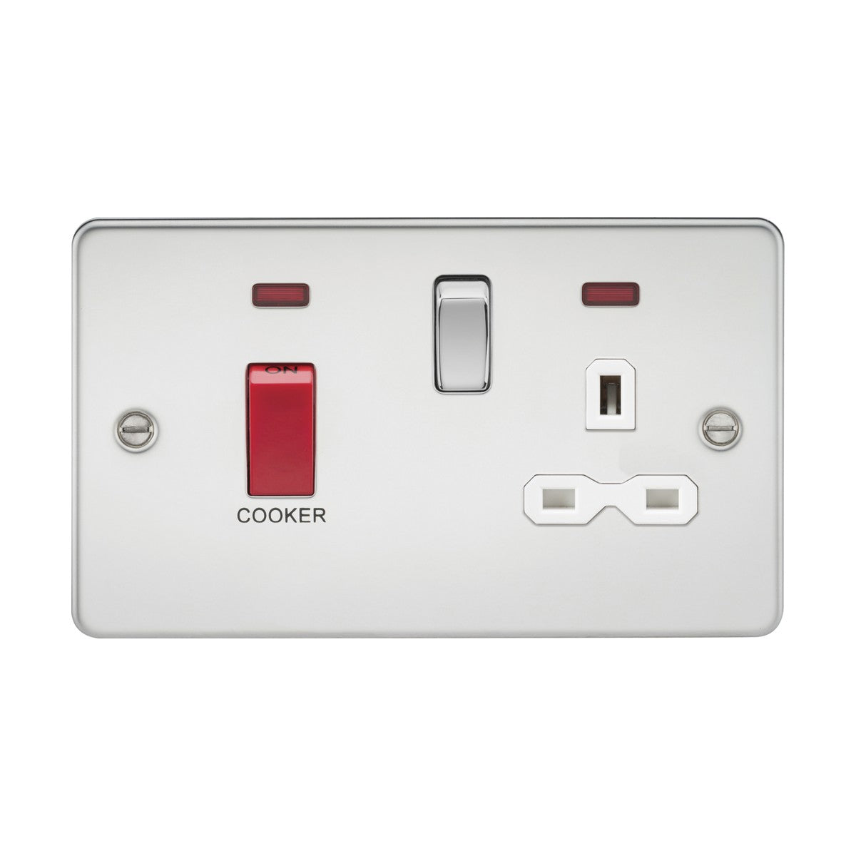 Product Description: The 45A DP Switch & 13A Socket Neons features a polished chrome flat plate with a white insert. On the left, it includes a red-marked 45A cooker switch, while on the right is a standard plug socket. Red indicator lights are positioned above both switches.