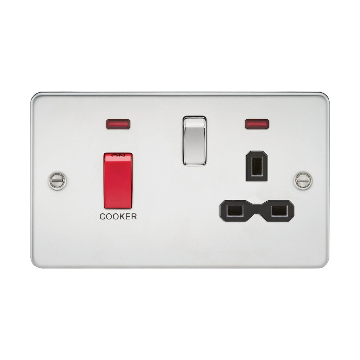 A 45A DP switch and 13A neon socket in polished chrome with a black insert, featuring a red switch labeled 'Cooker' and a standard plug socket on the right, mounted on a flat, white rectangular plate with two indicator lights—perfect for efficient cooker control units.