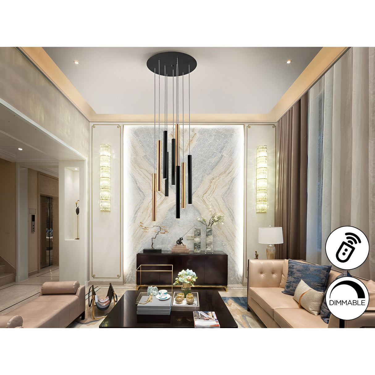 Varas 9 Light Dimmable LED Cluster Pendant Light - Gold/Black (With Remote Control)