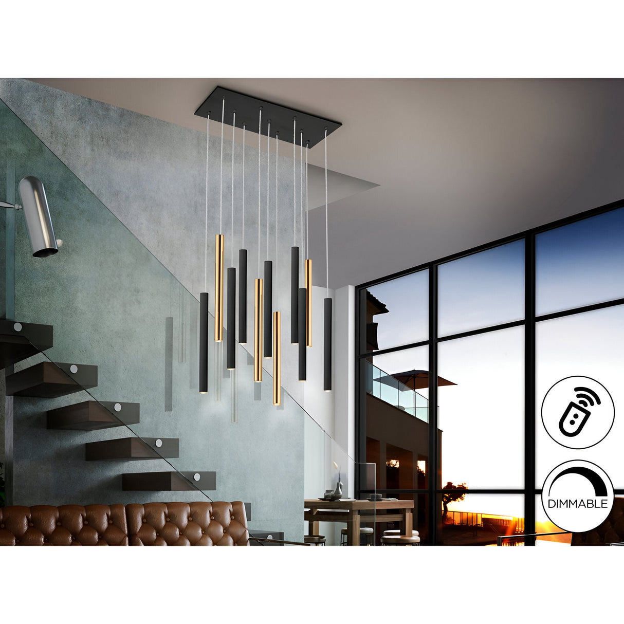 Varas 11 Light Dimmable LED Bar Pendant - Black/Gold (With Remote Control)