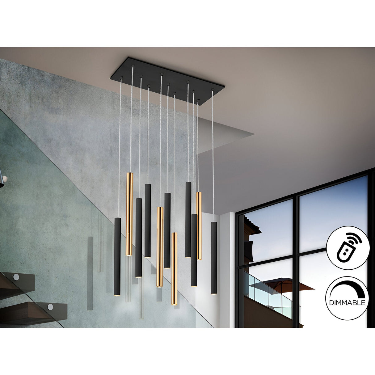 Varas 11 Light Dimmable LED Bar Pendant - Black/Gold (With Remote Control)