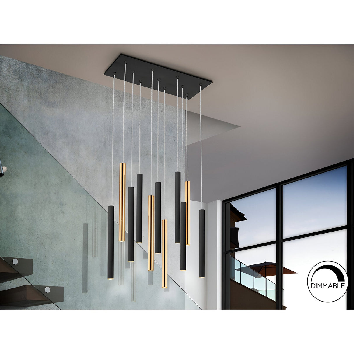 Varas 11 Light Dimmable LED Bar Pendant 55W 3000K - Black/Gold