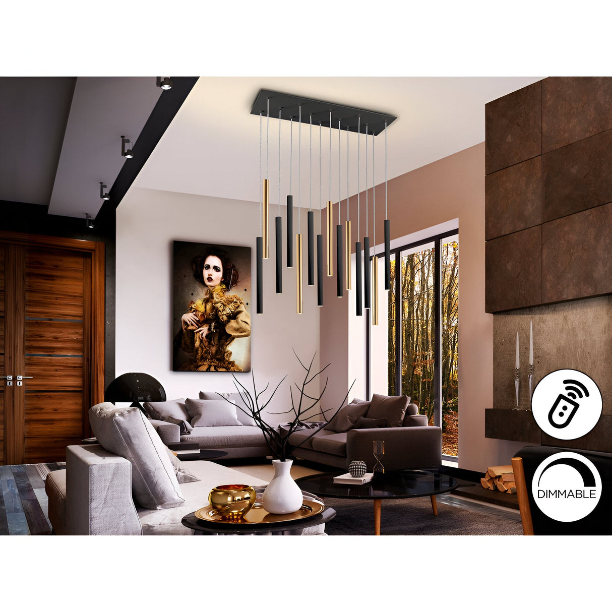 Varas 14 Light Dimmable LED Bar Pendant - Black/Gold (With Remote Control)