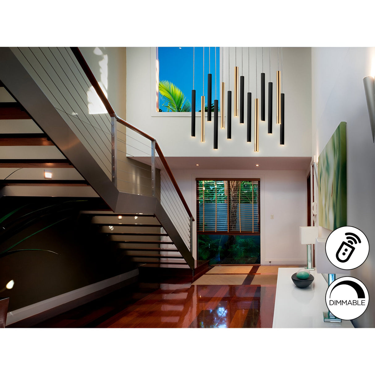 Varas 14 Light Dimmable LED Large Bar Pendant - Black/Gold (With Remote Control)