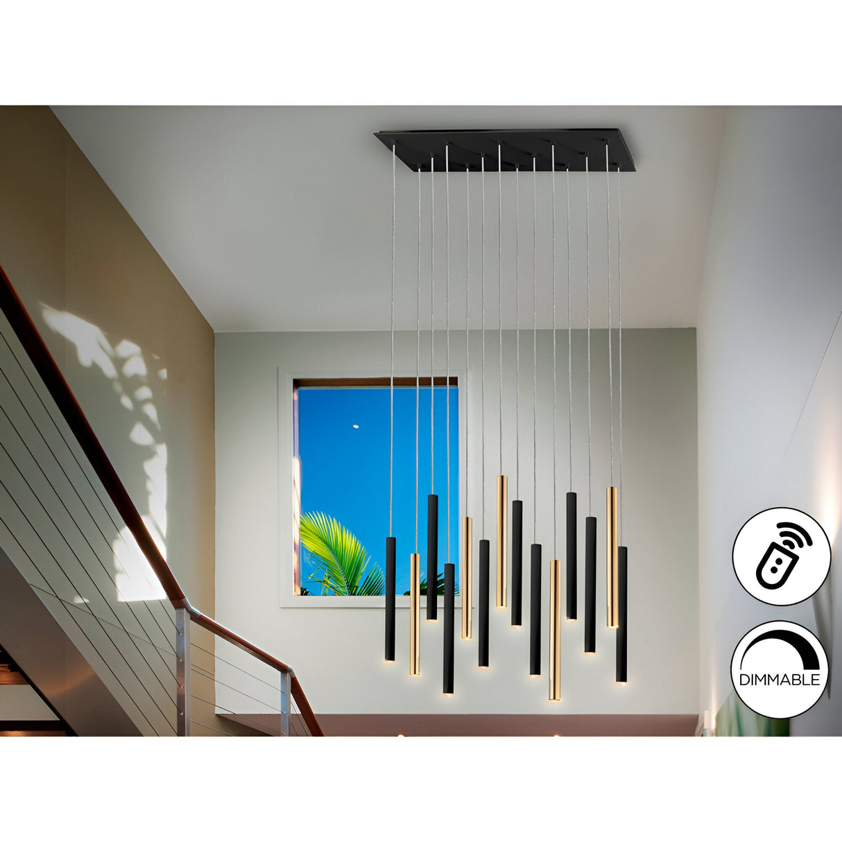 Varas 14 Light Dimmable LED Large Bar Pendant - Black/Gold (With Remote Control)