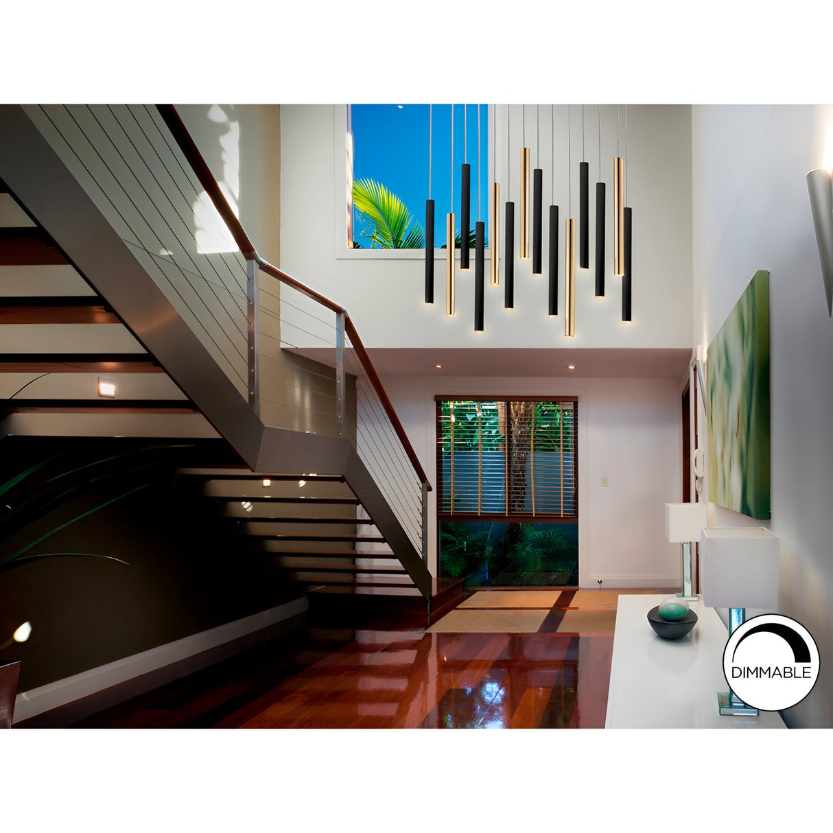 Varas 14 Light Dimmable LED Large Bar Pendant 70W 3000K - Black/Gold