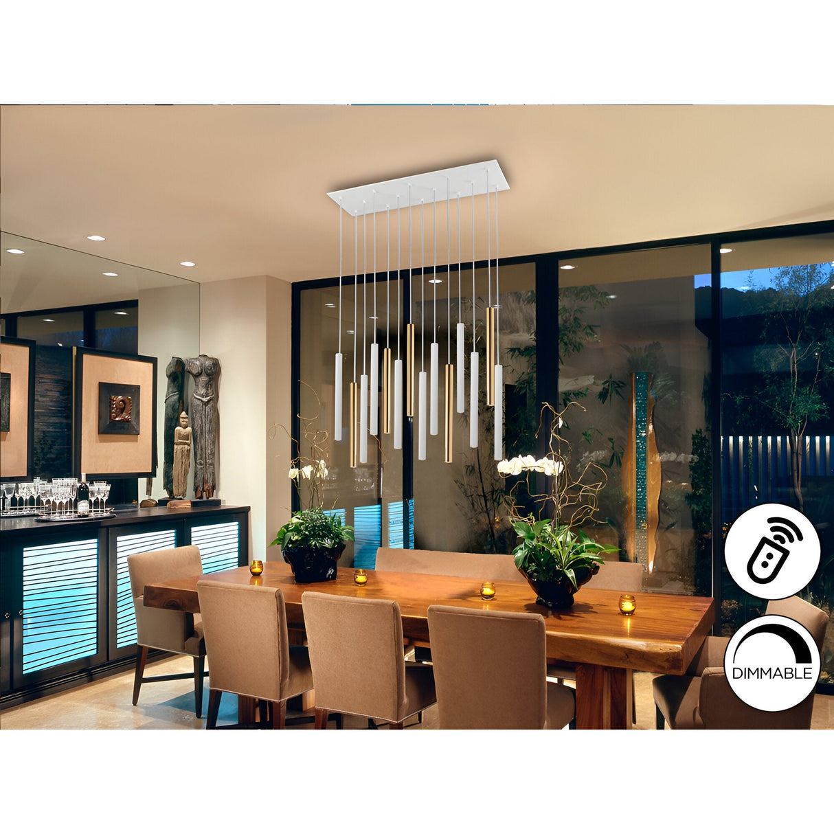 Varas 14 Light Dimmable LED Bar Pendant - White/Gold (With Remote Control)