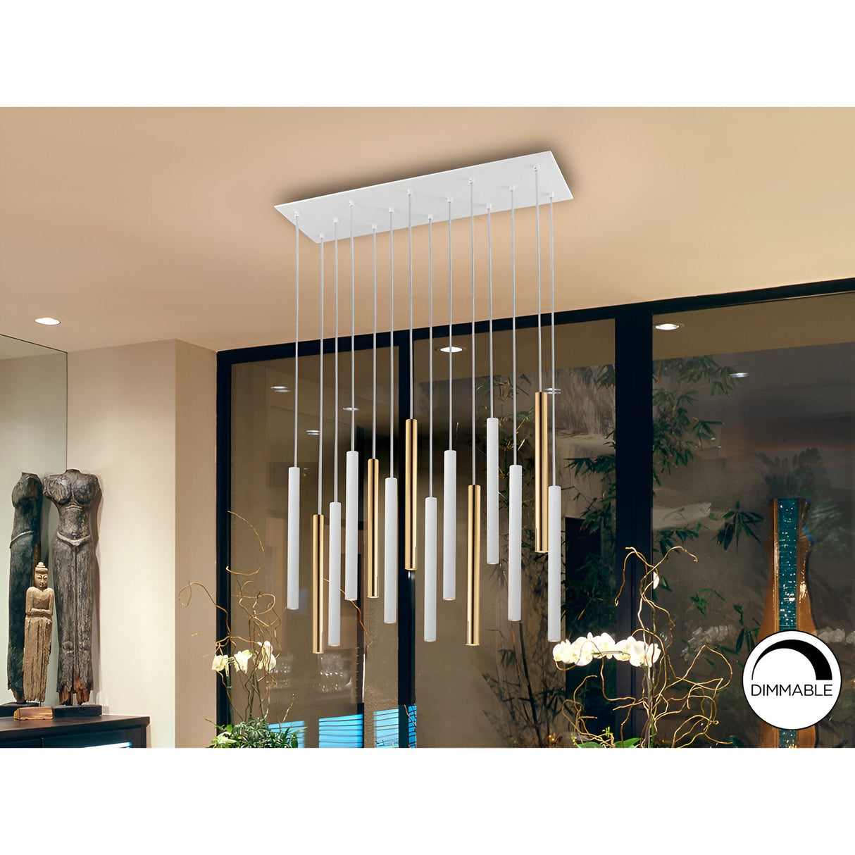 Varas 14 Light Dimmable LED Bar Pendant 70W 3000K - White/Gold