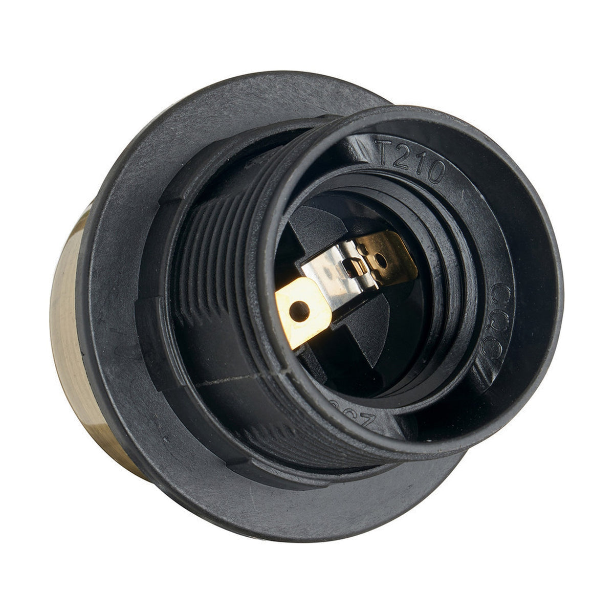 Antique Brass Electrified E27 Ceiling Fitting shown close-up, revealing black plastic E27 lamp holder with brass threaded collar and metal contacts, on a plain white background.
