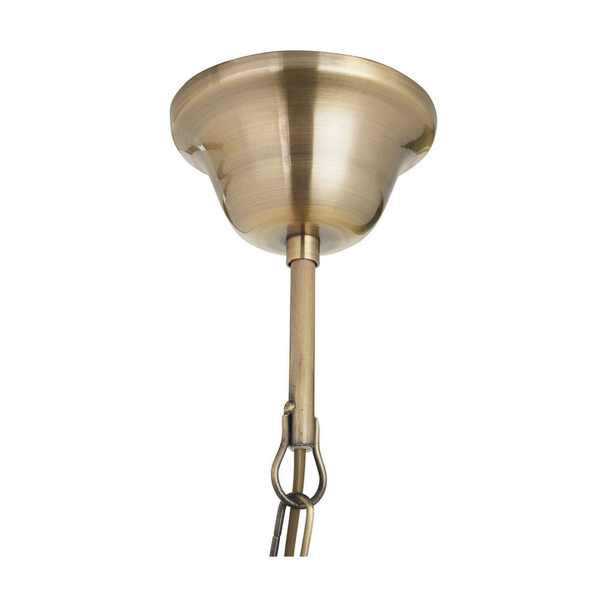 Antique brass ceiling rose fitting for E27 bulbs, 63cm drop with rod, hook, and chain links, shown on a plain white background.