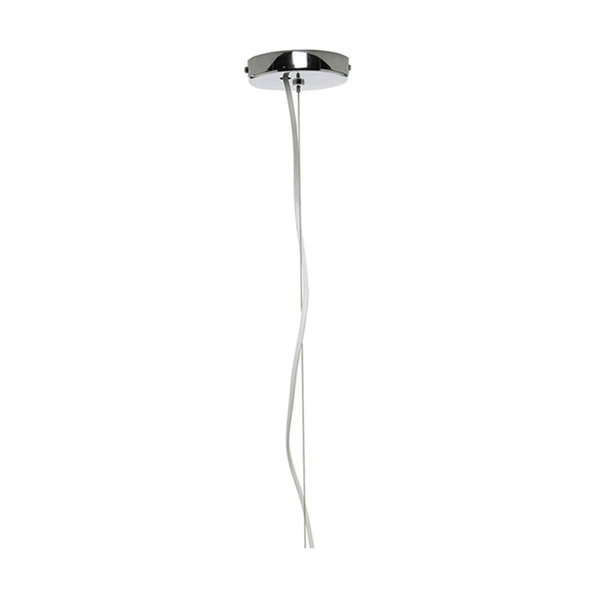 Chrome ceiling rose fitting for E27 bulb with long white flex cable hanging down, shown on a plain white background.
