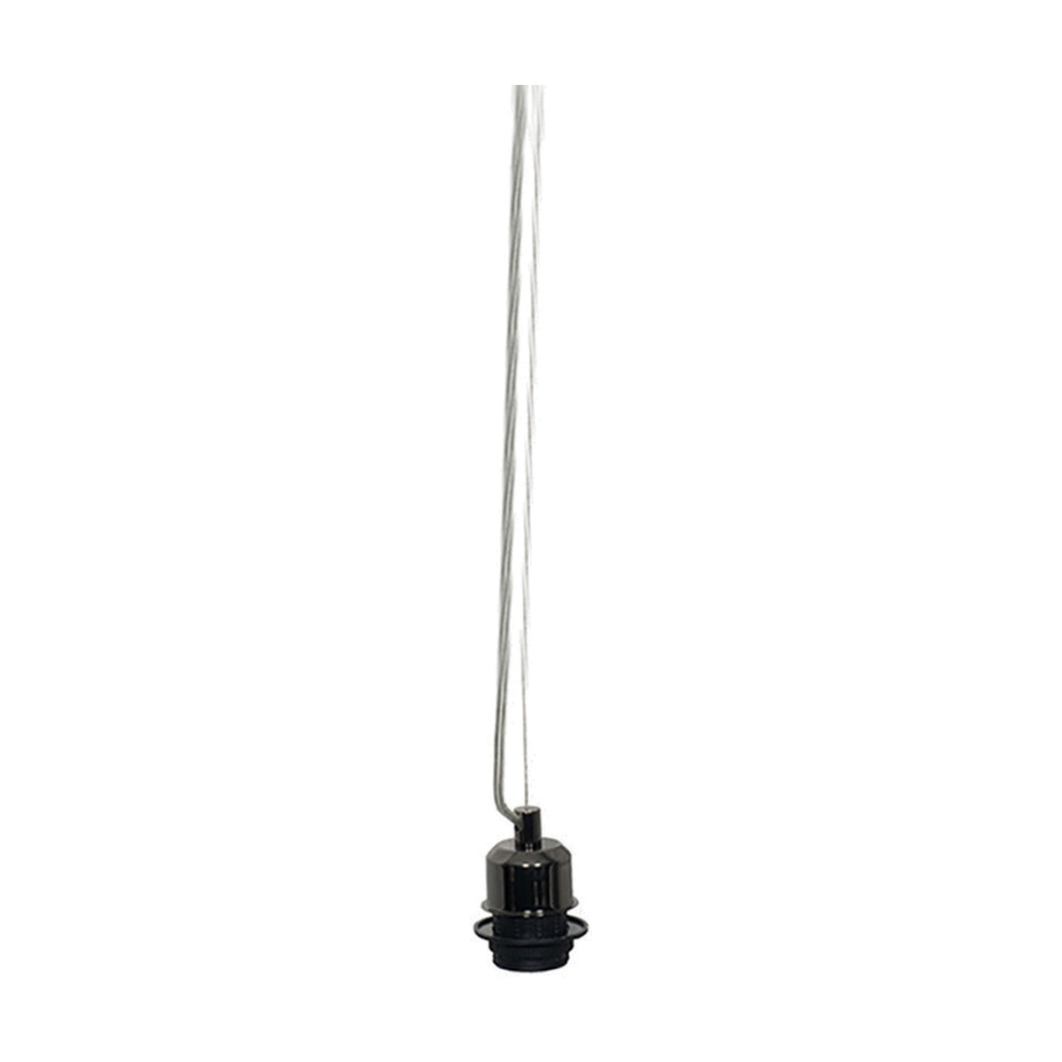 Black chrome E27 ceiling fitting with long hanging flex and cylindrical lampholder, dimmable, shown on a plain white background.