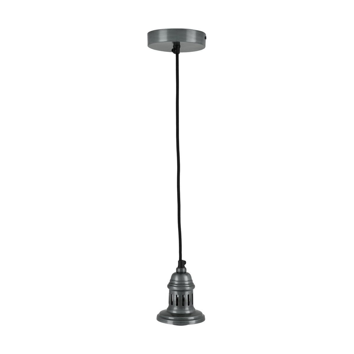 Dark antique silver metal ceiling rose pendant fitting with black flex cord and vented café-style shade holder, shown on a plain white background.