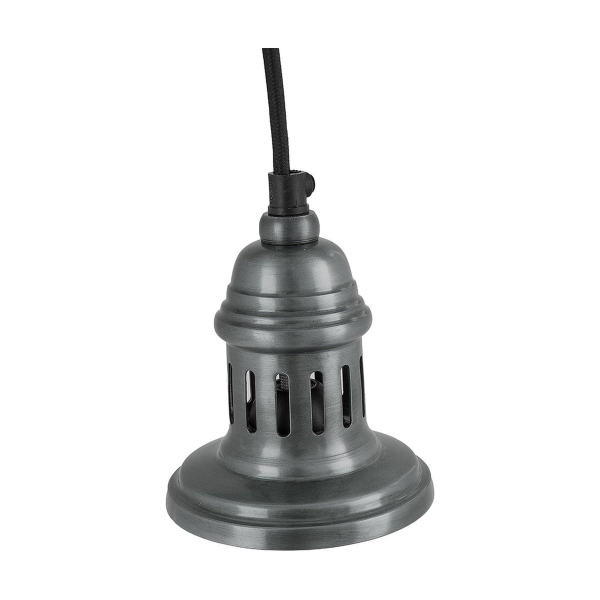 Dark antique silver metal ceiling rose fitting with vented cylindrical body and black fabric flex, shown on a plain white background.