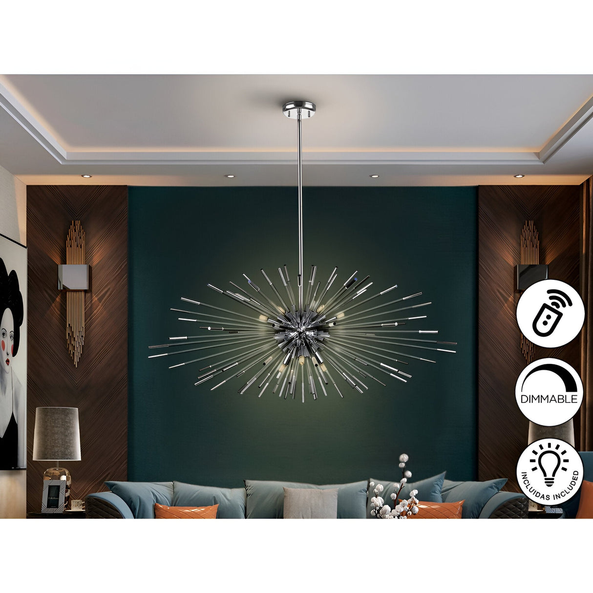 Evasion 9 Light Glass Chandelier - Chrome (With Remote Control)