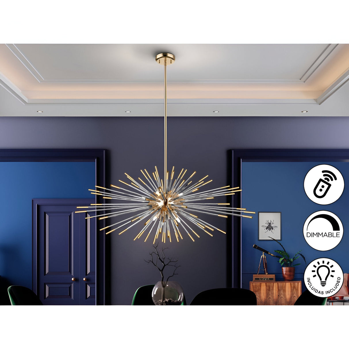 Evasion 9 Light Glass Chandelier - Gold/White (With Remote Control)