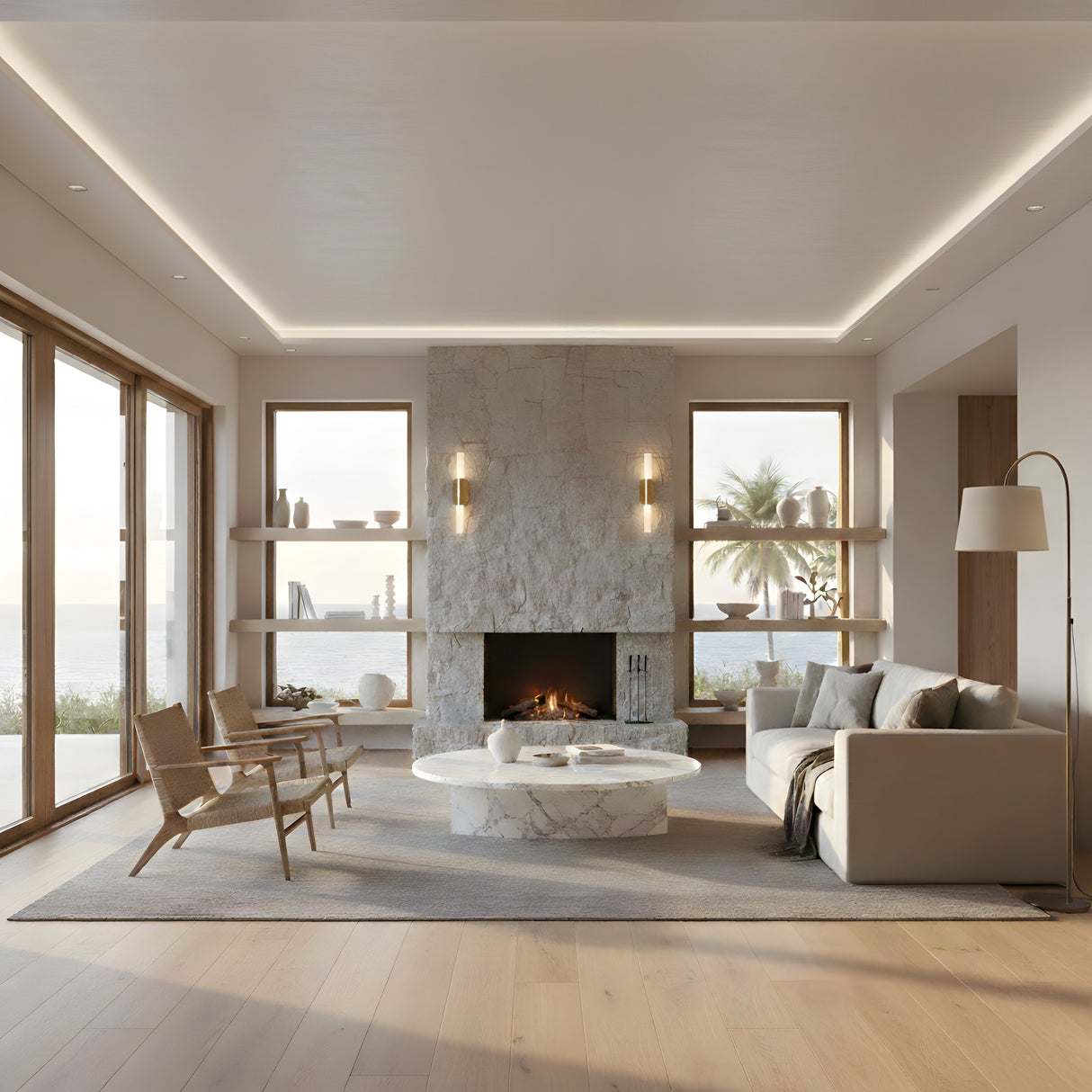 A modern, minimalist living room with a stone fireplace, light wood floor, beige sofa, round marble coffee table, large windows with a coastal view, and Aurelian LED Double Column Alabaster Wall Lights in Brushed Brass & Soft White.