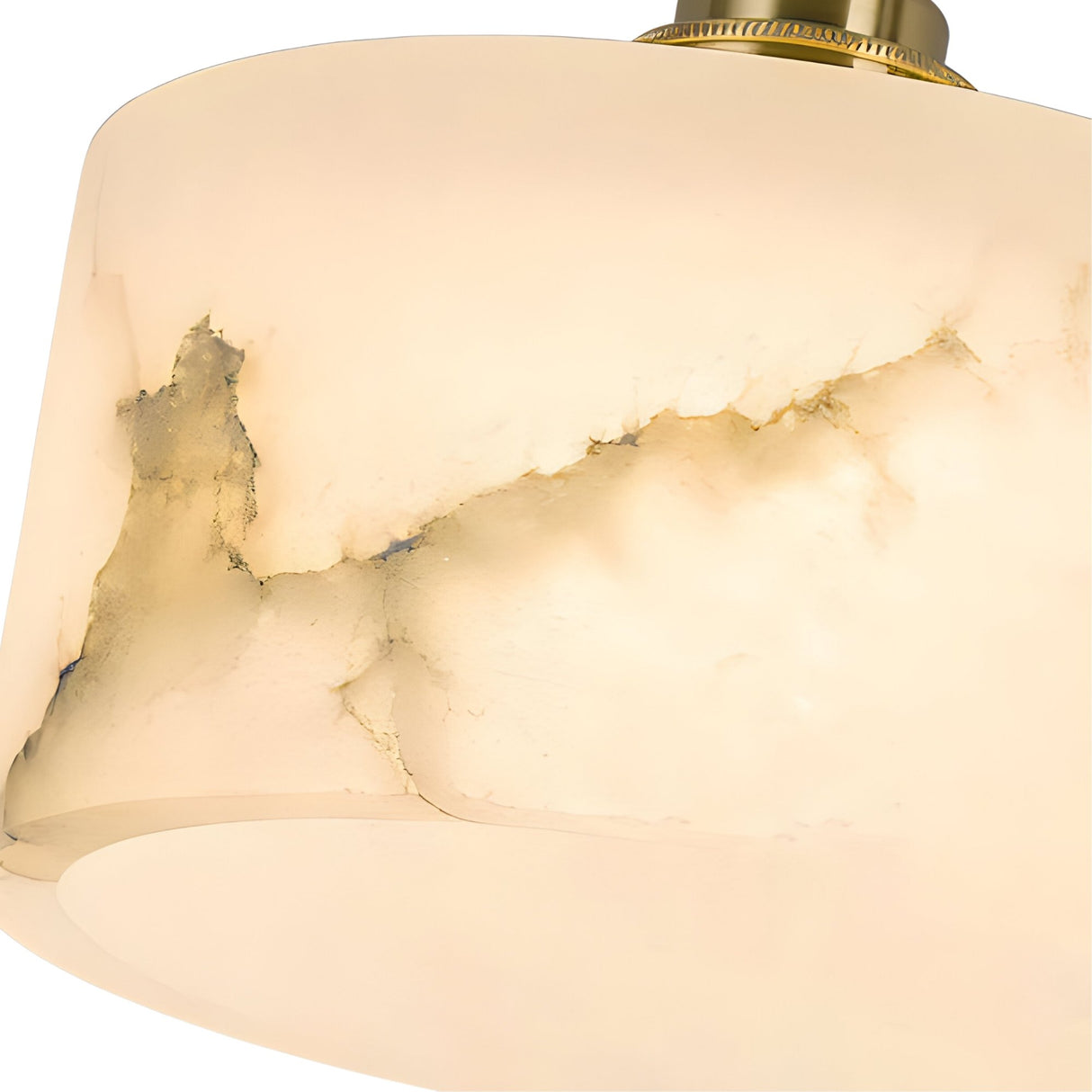 Close-up of the Brinex 3 Light Cluster Alabaster Pendant Light in soft white, showcasing creamy alabaster with natural marbled patterns and subtle brushed brass accents.