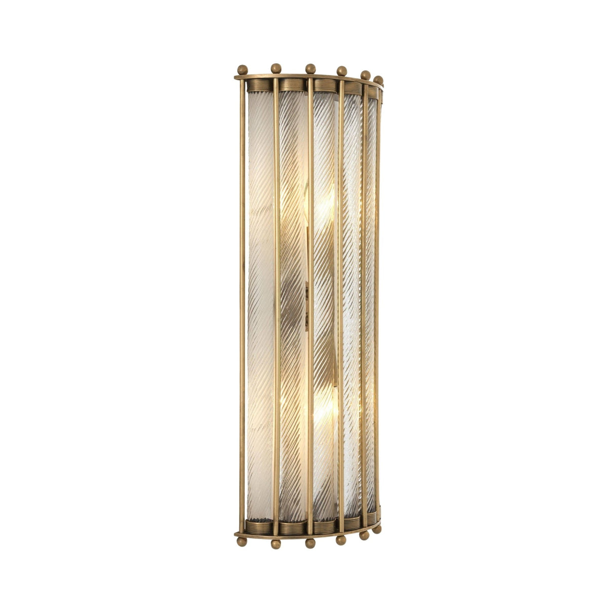 The Helixora 2 Light Vertical Twist Wall Light in brushed bronze features a curved, ribbed glass shade and vertical rods with round finials, casting a warm glow—an elegant modern fixture for any contemporary space.