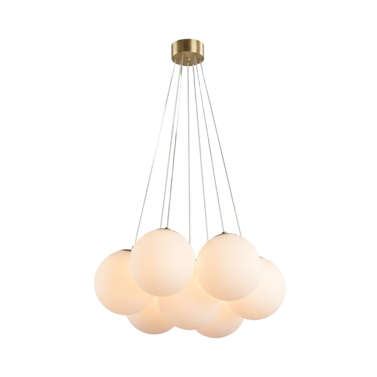 The Auriel 7 Light Alabaster Chandelier features a modern brushed brass finish with seven soft white alabaster globes suspended in a clustered design from a circular ceiling mount.