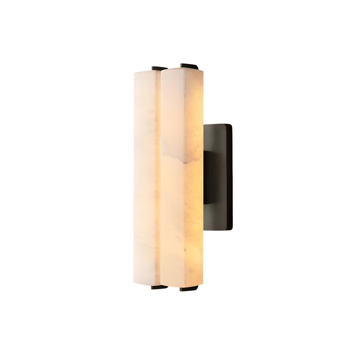 The Selvara LED Small Alabaster Double Wall Light features two vertical alabaster shades emitting soft, warm light on a matte black backplate, providing a contemporary accent against any white background.