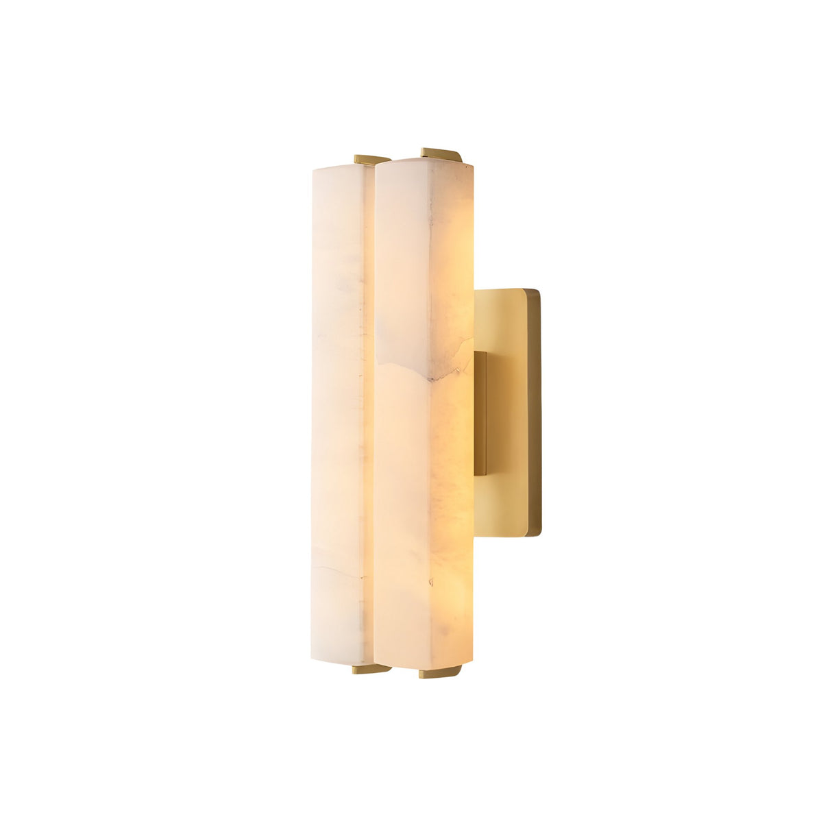 The Selvara LED Small Alabaster Double Wall Light features two vertical alabaster panels softly illuminated by LEDs, set on a brushed brass base. Its sleek, minimal design brings contemporary elegance to any space.