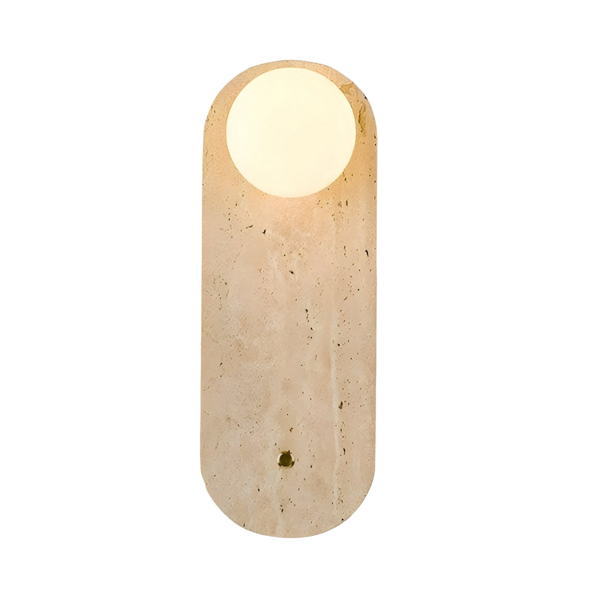 The Arvella 1 Light Travertine & Glass Wall Light in light beige features an elongated, rounded travertine base with a circular white glass top, creating a minimalist look reminiscent of the moon over textured stone.