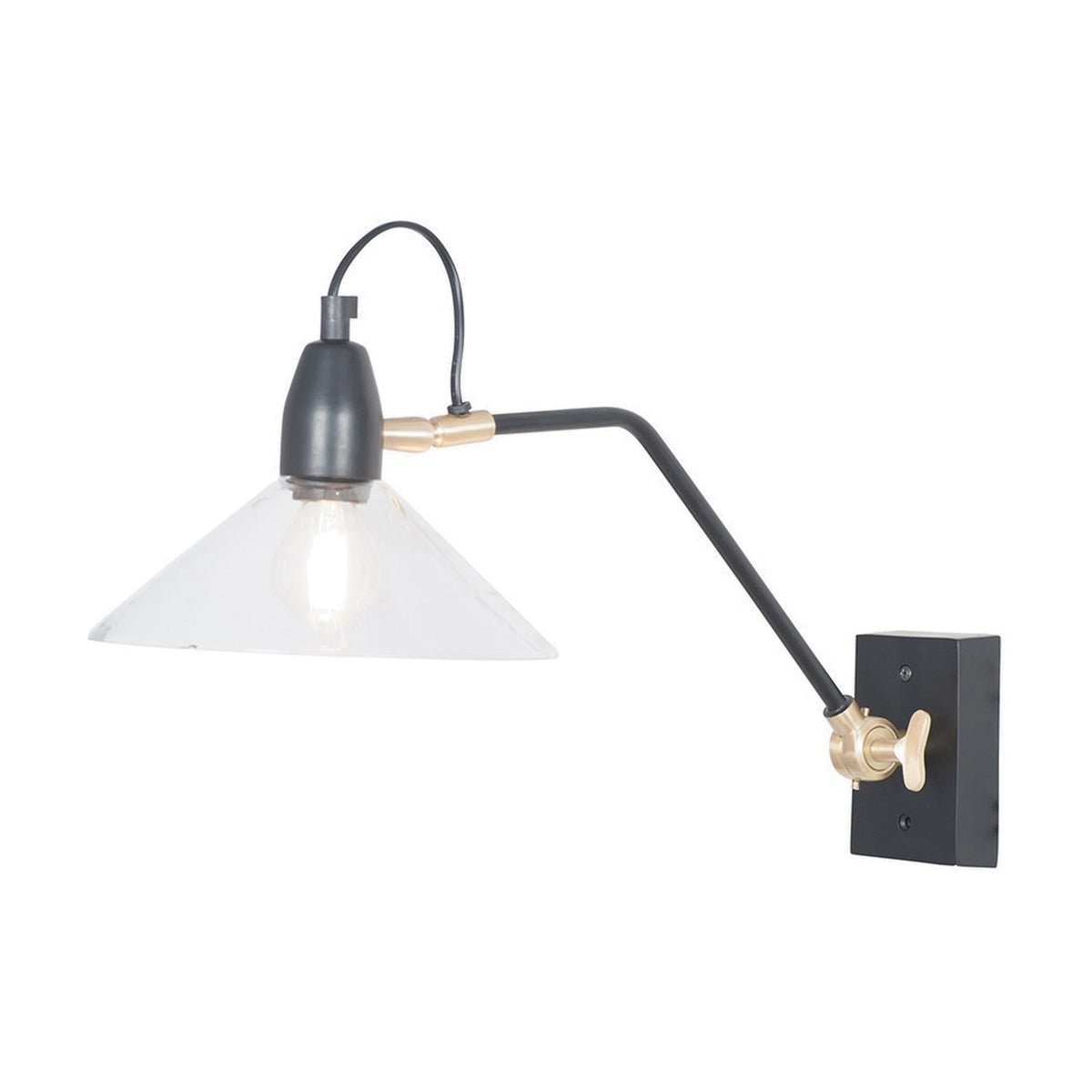 Canton Matt Black Brass & Glass Cone Wall Light with an adjustable extending arm, clear conical glass shade, and exposed bulb, set on a plain white background.
