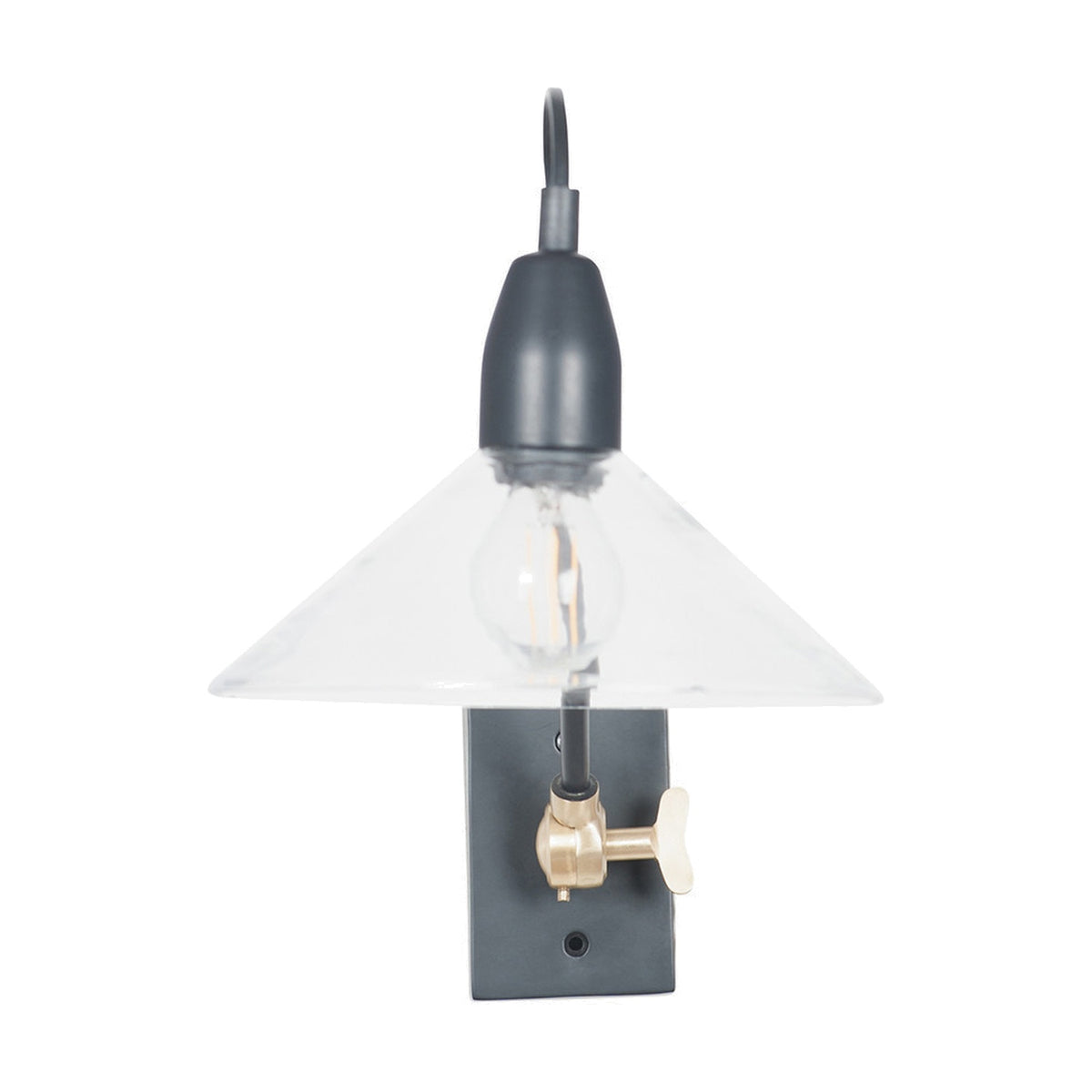 Canton Matt Black Brass & Glass Cone Wall Light with a clear glass cone shade, exposed bulb, and brass wing-nut swivel knob on a matt black plate, shown against a white background.