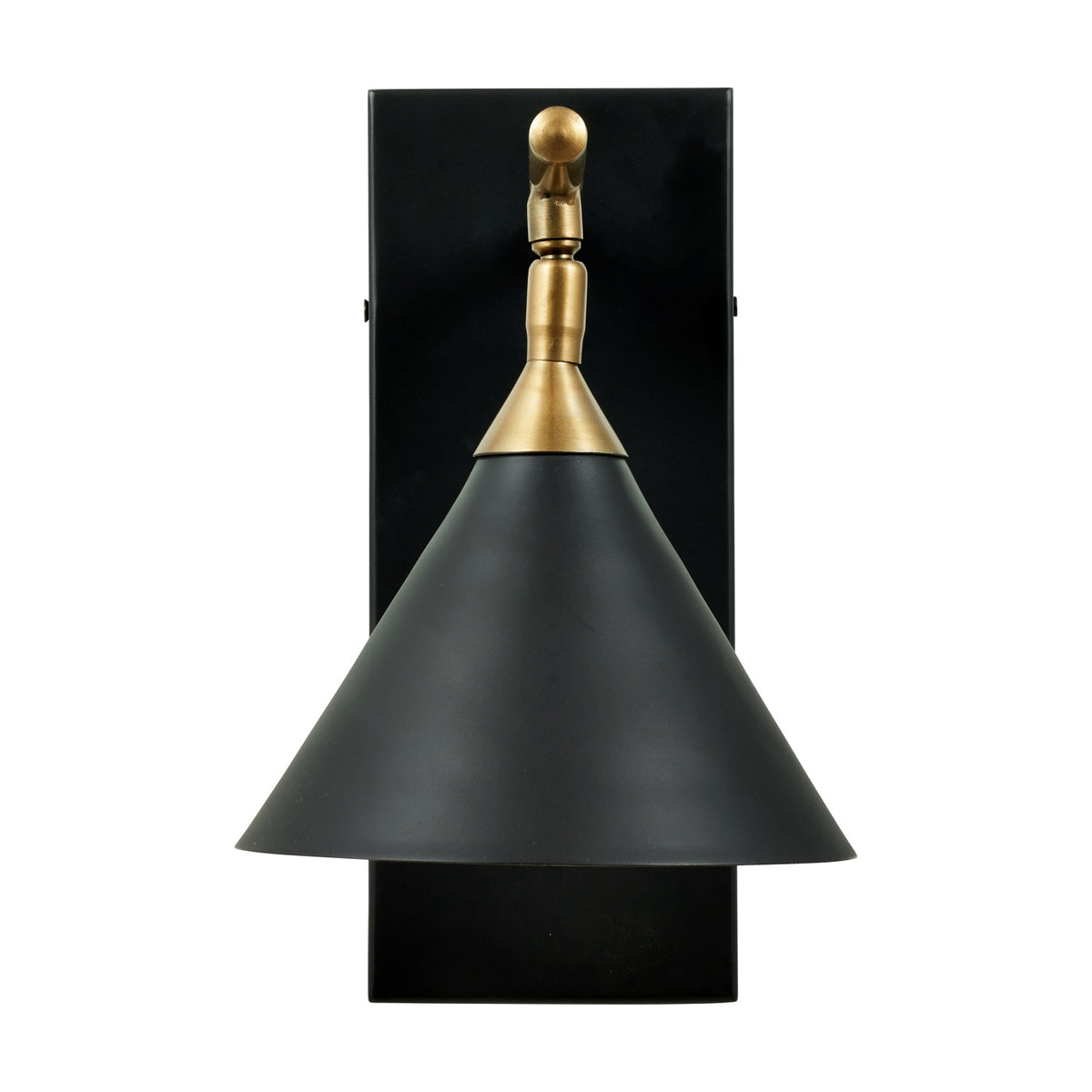 Zeta wall light in matt black with antique brass detailing, featuring a rectangular backplate, angled cone shade, and ball-topped bracket, shown on a plain white background.