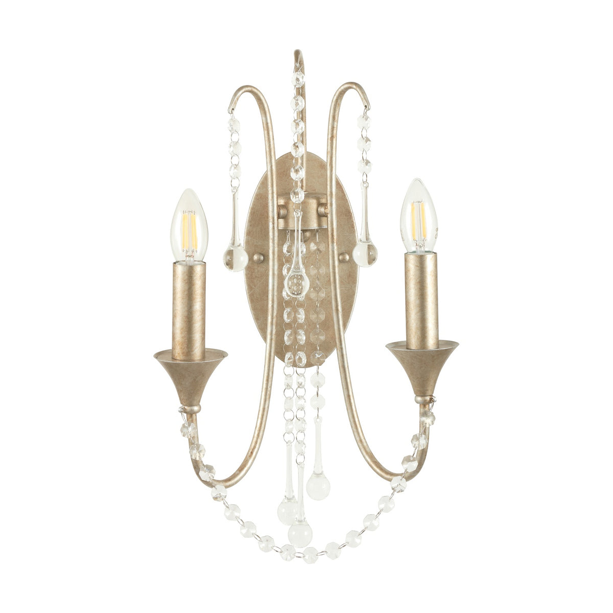 Belle 2-light wall light in antique silver leaf metal, 48cm, with curved scrolling arms, crystal bead strands and drops, candle-style E14 bulbs, on a plain white background.