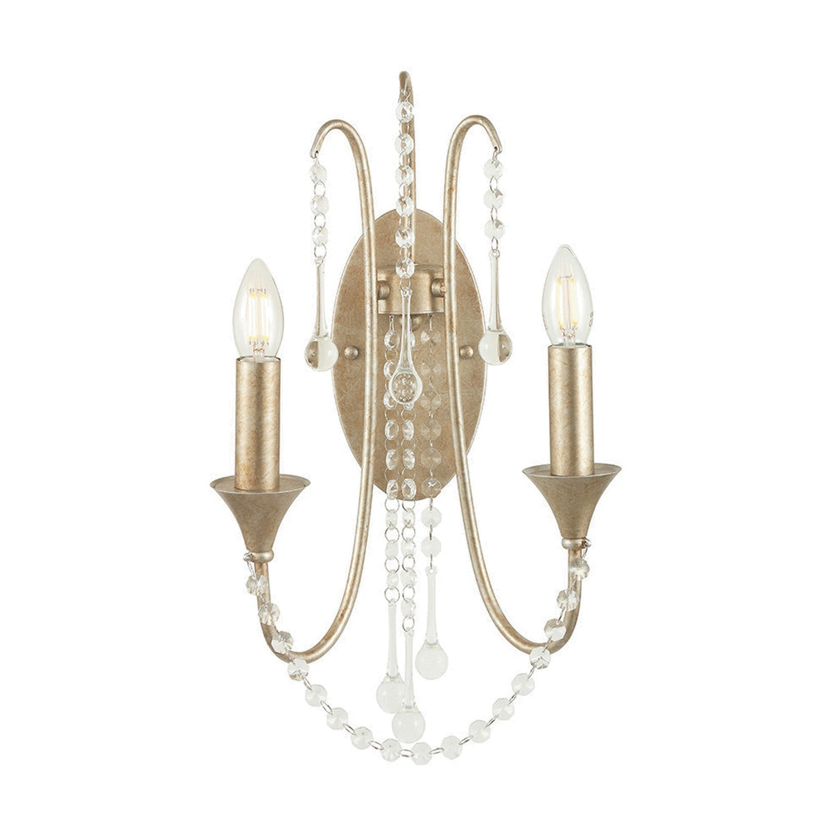 Belle 2-light wall light in antique silver leaf metal, with curved arms, candle-style E14 bulbs, and cascading crystal beads, shown on a plain white background.
