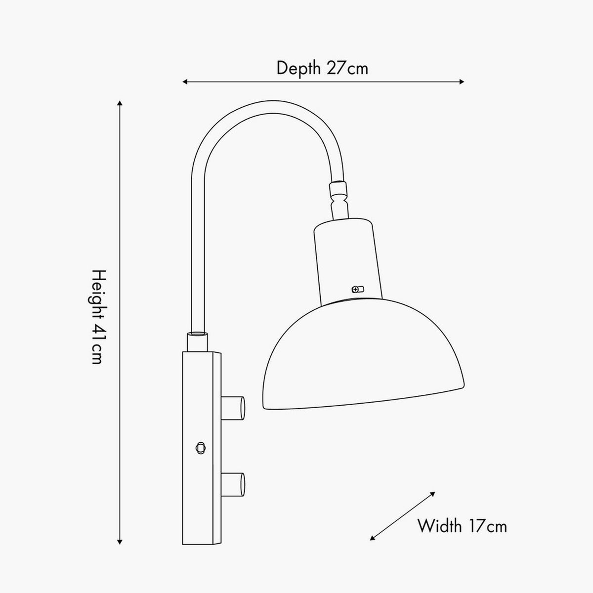 Line drawing of the Mayfair Matt Black Domed Task Wall Light showing a curved arm, adjustable dome shade, and dual knob controls, with dimensions 41cm height, 27cm depth, 17cm width.