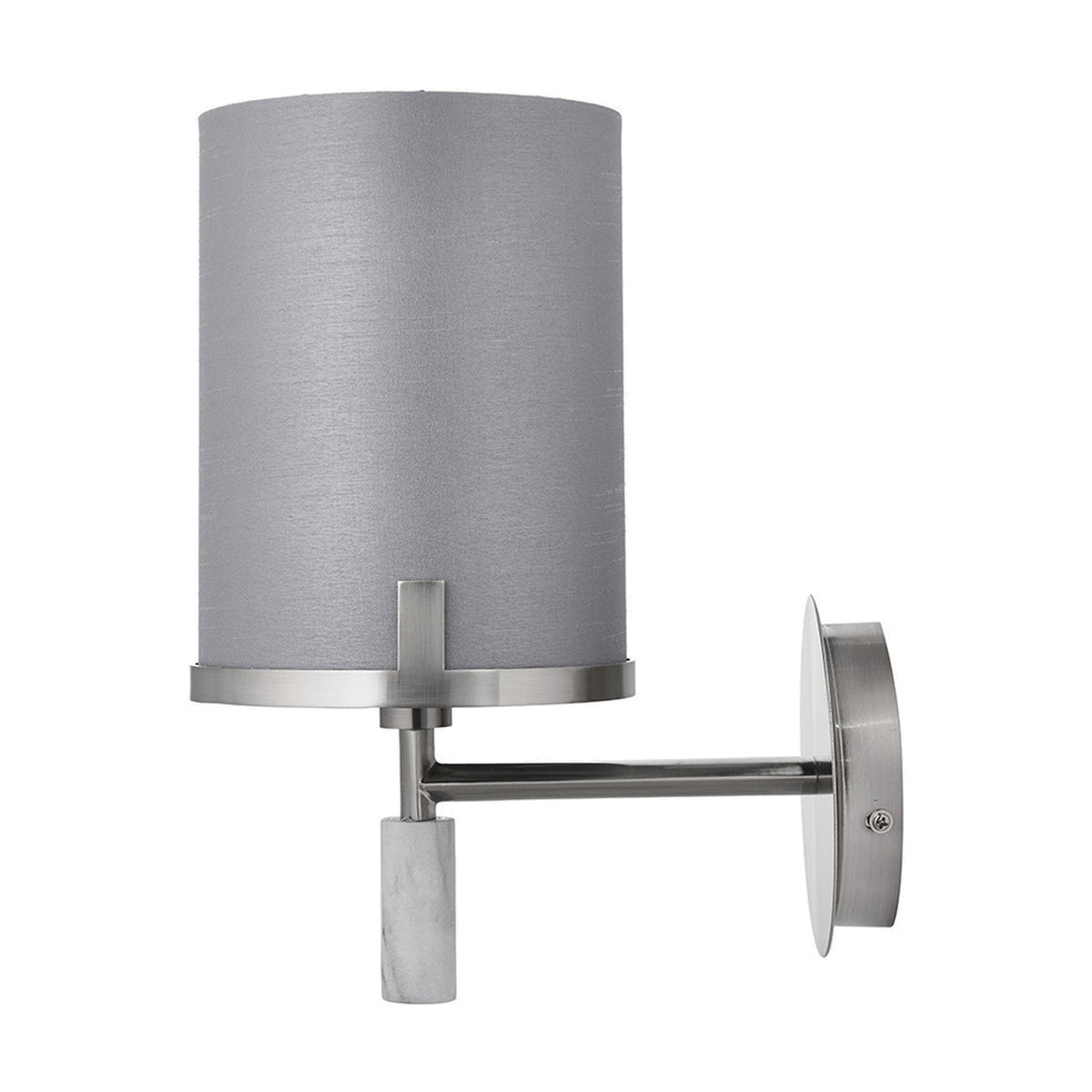 Midland wall light with grey cylindrical fabric shade, brushed nickel arm and backplate, and marble effect base, shown on a plain white background.