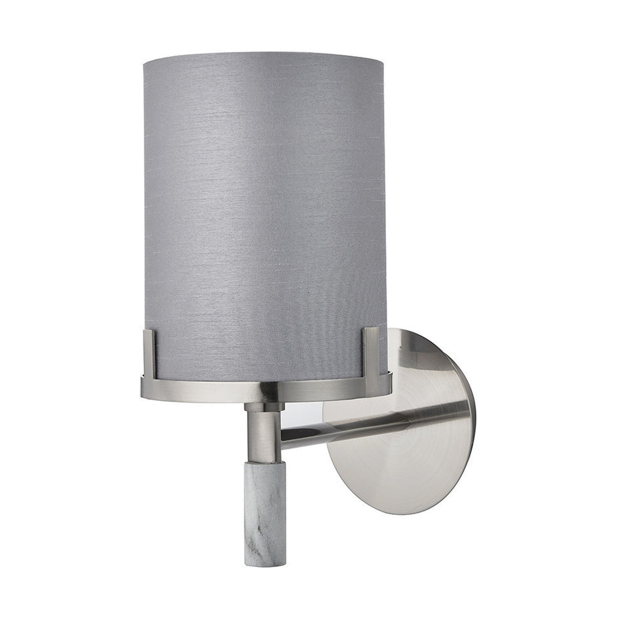 Midland wall light with a grey cylindrical fabric shade, brushed nickel arm and backplate, and a marble effect column base, shown on a plain white background.