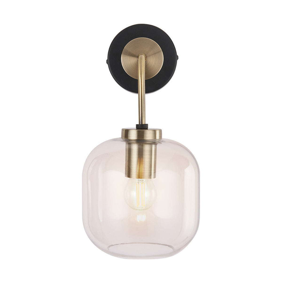 Florence Black Iron & Glass Wall Light with round black backplate, antique brass arm and fitting, and clear glass globe shade over an exposed bulb, shown on a plain white background.
