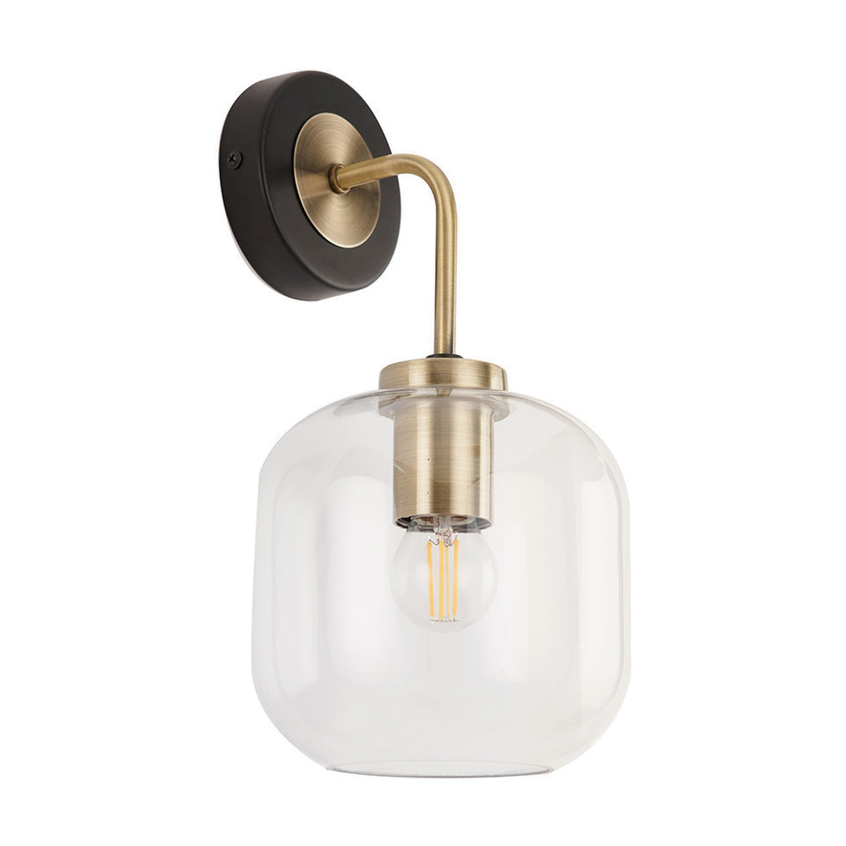 Florence Black Iron & Glass Wall Light, 32cm, with an antique brass curved arm and clear glass globe shade over an exposed bulb, on a plain white background.