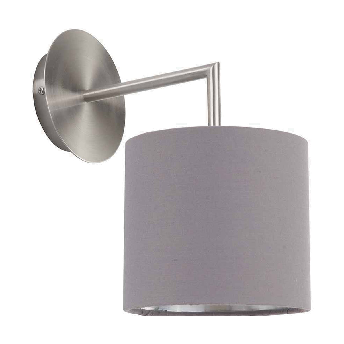 Elin wall light with a brushed silver angular arm and round wall plate, paired with a cylindrical steel grey fabric shade, shown on a plain white background.