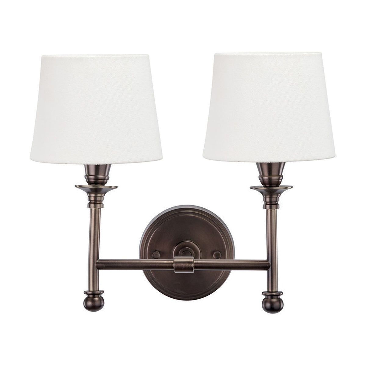 Piero Antique Bronze Double Wall Light with two arms, ball feet, and white handloom fabric shades, shown on a plain white background.