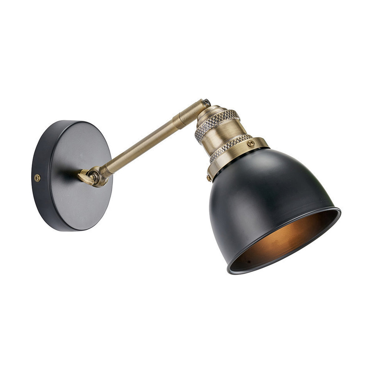 Augusto Black & Gold Task Wall Light with adjustable metal arm, round black wall plate, and matt black dome shade on a brass fitting, shown on a plain white background.