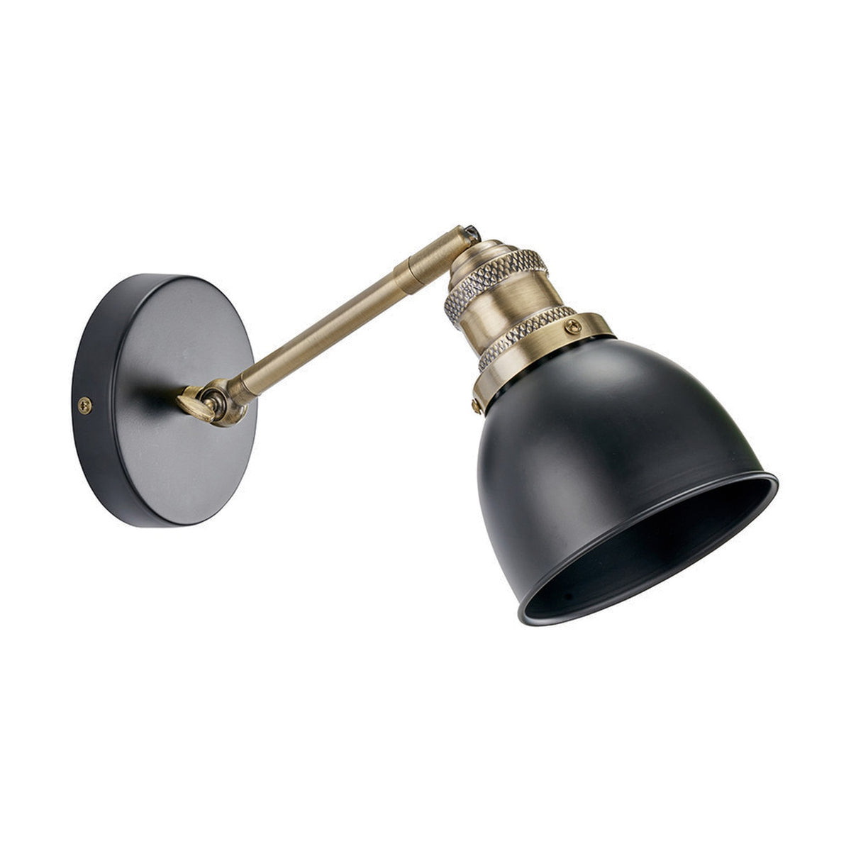 Augusto Black & Gold Task Wall Light with adjustable brass arm and matte black dome shade on a round wall mount, shown on a plain white background.