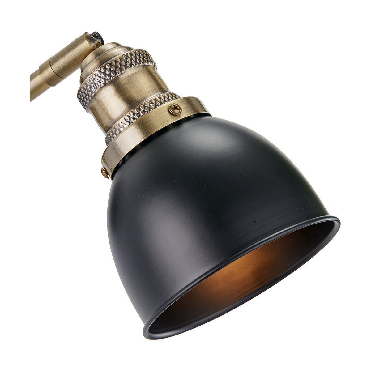 Augusto Black & Gold Task Wall Light with an antique brass knurled fitting and matte black domed metal shade, shown against a plain white background.