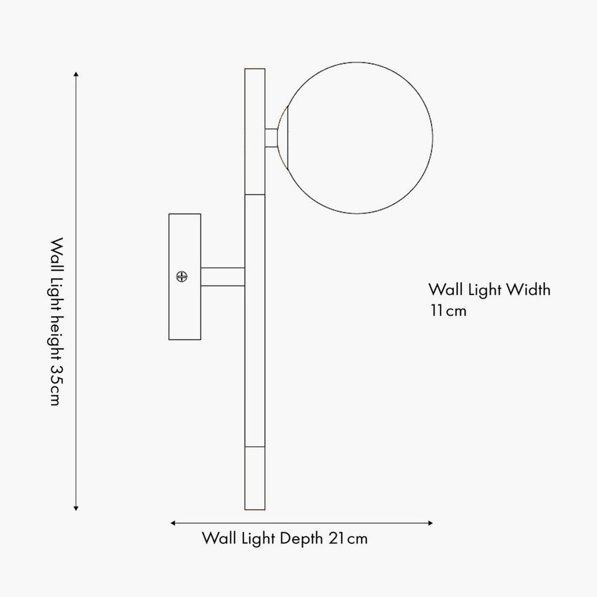 Line drawing of Wanda wall light with white orb shade on black metal backplate and arm, labelled 35cm height, 21cm depth, 11cm width, on a plain background.